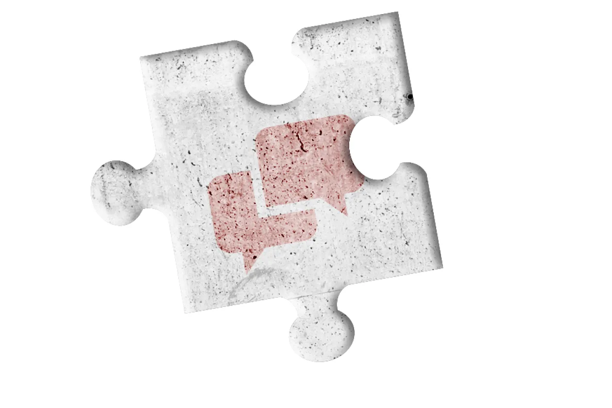 Bunte sprechblasen auf grauem puzzleteil