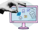 Grafik: Eine große Hand greift Desktop-Symbole und wirft sie in den Papierkorb