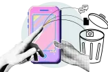 Grafik: Eine Hand schnippt von einem bunten Handy Symbole in einen Papierkorb: Foto, Sprechblasen, Dokument