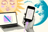 Grafische Darstellung: Mond und Sonne, Laptop mit einem Symbol für eine ausgeschaltete Kamera, ein ladendes Smartphone