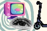 Grafik: Grafische Darstellung von einem Elektroroller einem Fernseher und einem Auge.