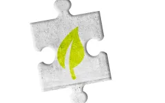 Grünes Blatt auf grauem Puzzleteil