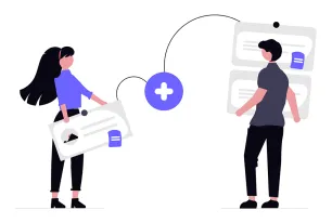 Grafische Symboldarstellung zweier Menschen die Inhalte austauschen.