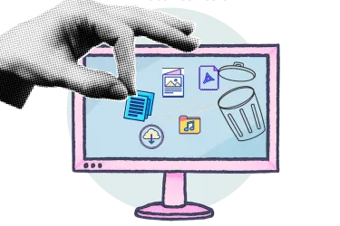 Grafik: Eine große Hand greift Desktop-Symbole und wirft sie in den Papierkorb