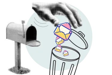 Grafik: Eine Hand zieht bunte E-Mail-Symbole in einen Papierkorb