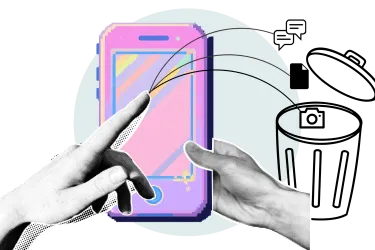 Grafik: Eine Hand schnippt von einem bunten Handy Symbole in einen Papierkorb: Foto, Sprechblasen, Dokument