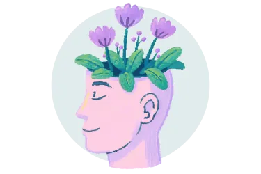 Grafik: Eine Darstellung von einem Kopf, aus dem Blumen wachsen