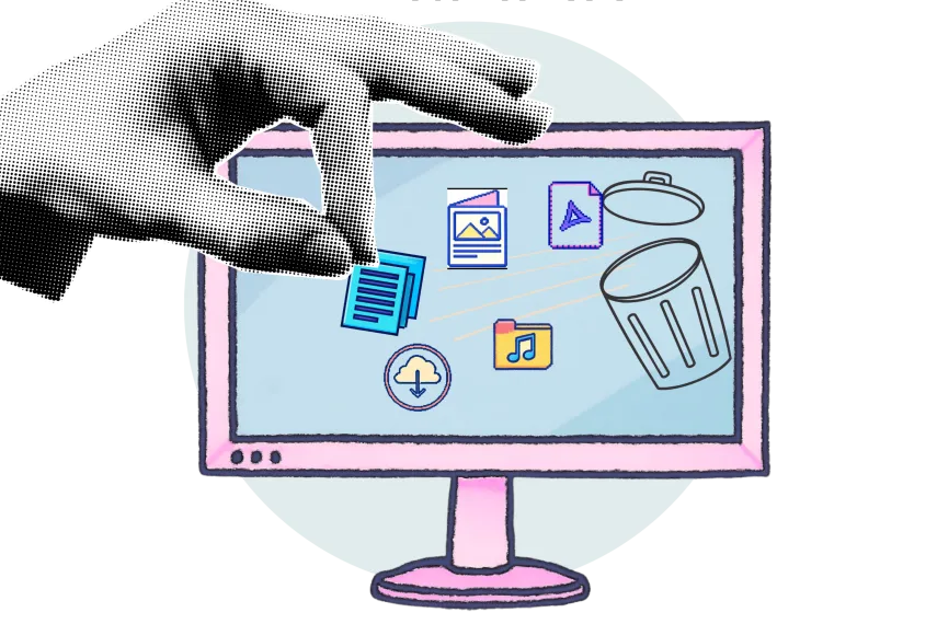 Grafik: Eine große Hand greift Desktop-Symbole und wirft sie in den Papierkorb