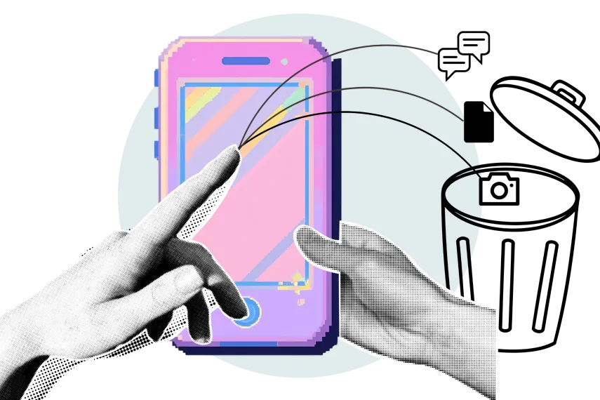 Grafik: Eine Hand schnippt von einem bunten Handy Symbole in einen Papierkorb: Foto, Sprechblasen, Dokument