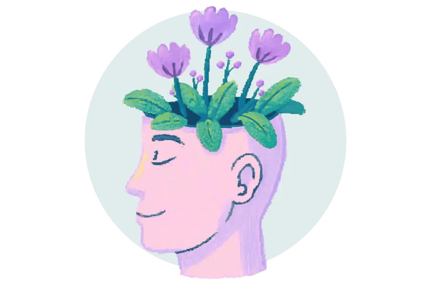 Grafik: Eine Darstellung von einem Kopf, aus dem Blumen wachsen