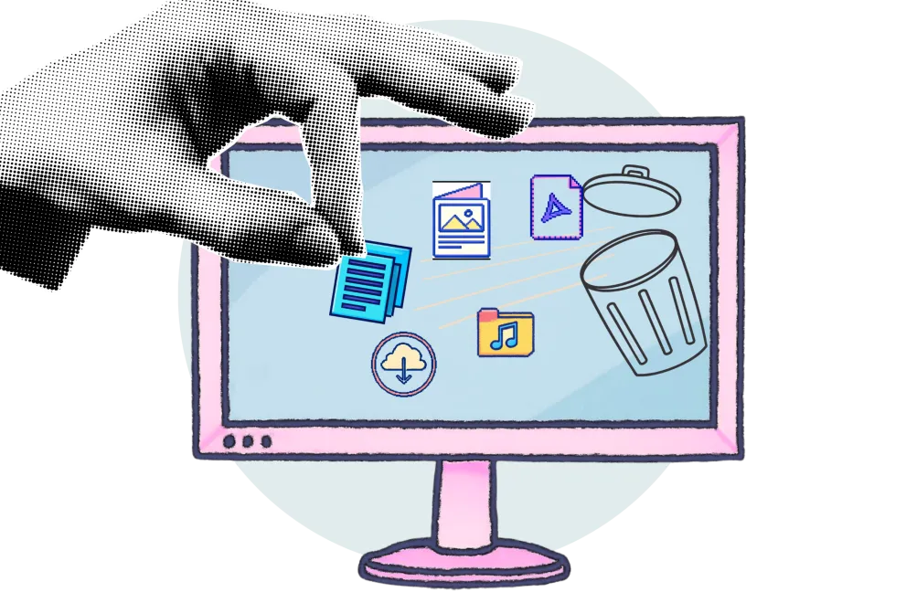 Grafik: Eine große Hand greift Desktop-Symbole und wirft sie in den Papierkorb