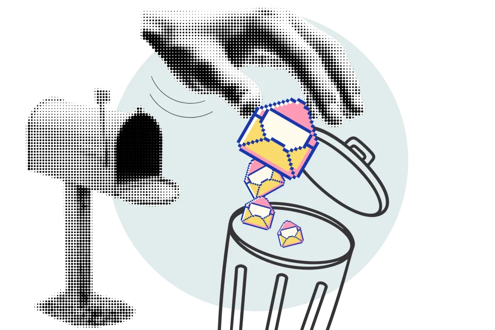 Grafik: Eine Hand zieht bunte E-Mail-Symbole in einen Papierkorb