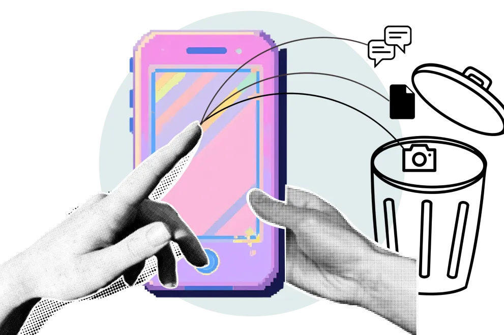 Grafik: Eine Hand schnippt von einem bunten Handy Symbole in einen Papierkorb: Foto, Sprechblasen, Dokument