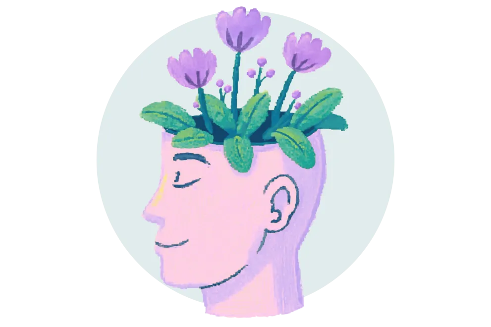 Grafik: Eine Darstellung von einem Kopf, aus dem Blumen wachsen