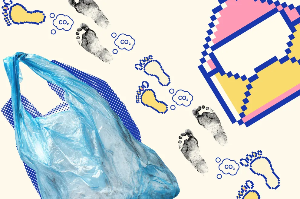 Grafik: Grafosche Darstellung einer Plastiktüte gegenüber eine E-MAilm, dazwischen Fußabdrücke und keine Wolken mit den Buchstaben Co2