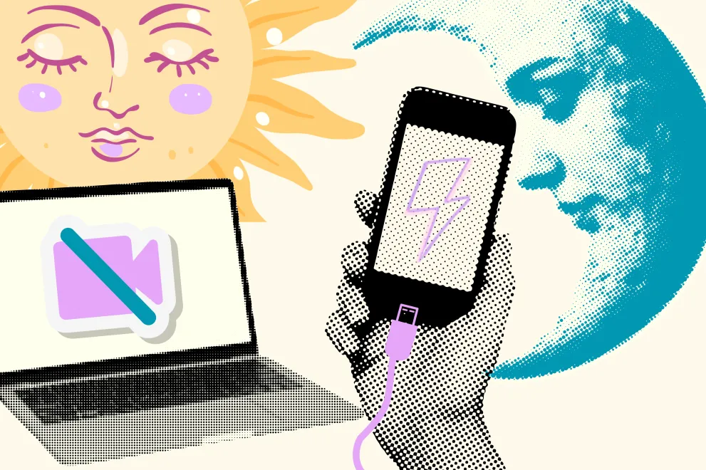 Grafische Darstellung: Mond und Sonne, Laptop mit einem Symbol für eine ausgeschaltete Kamera, ein ladendes Smartphone